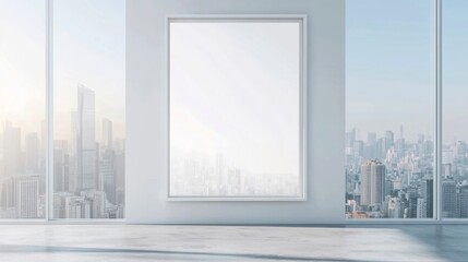 Modern Interior with Cityscape View and Blank Frame