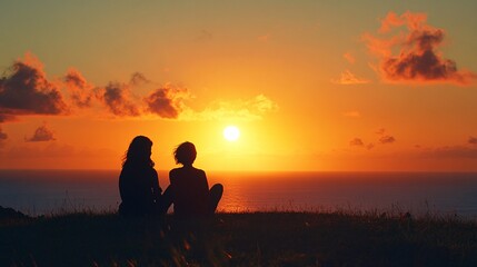 Two People Sitting Together Watching Beautiful Sunset Over Ocean