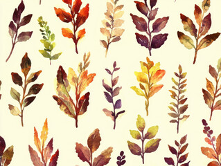 Watercolor leaves in autumn colors on neutral background