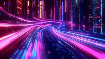 Fototapeta premium A Digital Highway With Neon Lights And Binary Code