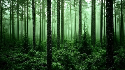 Obraz premium Lush Green Forest with Tall Trees and Misty Atmosphere