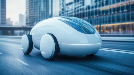 Fototapeta premium A futuristic autonomous vehicle drives through a modern urban environment, showcasing sleek design and advanced technology.
