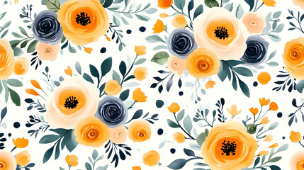 Fototapeta premium Beautiful Floral Pattern with Yellow and Blue Flowers on White Background
