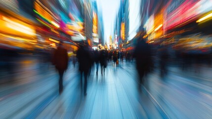 Blurred Cityscape with People Walking Through a Street with Colorful Neon Lights