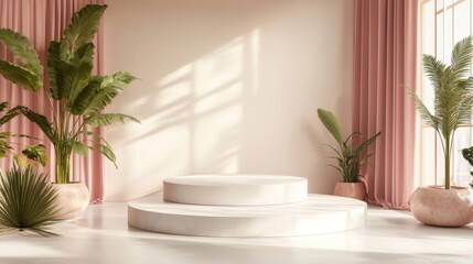 Fototapeta premium White Marble Platform in a Room with Pink Curtains and Tropical Plants