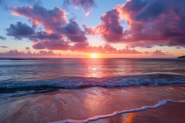 The sky is a beautiful pink color and the sun is setting over the ocean. The water is calm and the waves are small. The beach is empty and peaceful