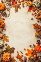 Top view of autumn-themed decorations with pumpkins and leaves on a rustic background, perfect for seasonal designs.