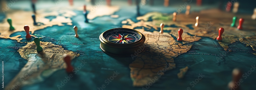 Poster a close-up of a compass resting on a world map, with colorful pins marking various locations, symbol