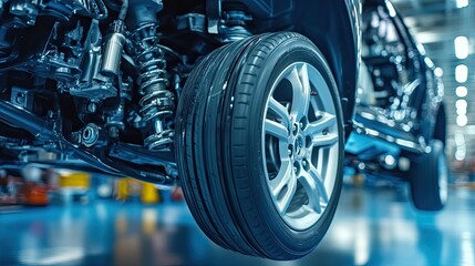 Fototapeta premium Close-Up View of Car Suspension System with Focus on Wheel and Tire, Showcasing Automotive Engineering and Precision in a Mechanic Workshop Environment