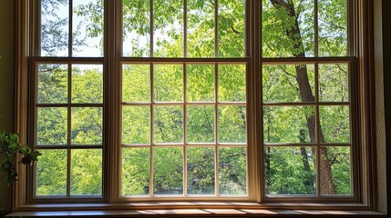 Fototapeta premium Bright and Lush Green View Through a Large Window Framed by Wooden Panes with Natural Light Illuminating the Interior Space in a Cozy Setting