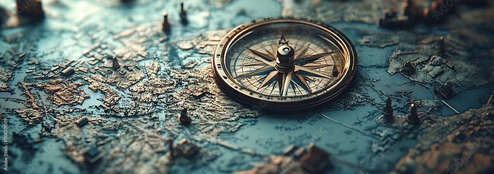 Poster a detailed compass rests on an antique map, symbolizing exploration and navigation through a world o