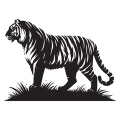 Obraz premium vector silhouette of a tiger on a white background. tiger illustration, tiger animal, tiger vector silhouette. Tiger Full Body Black and White Vector