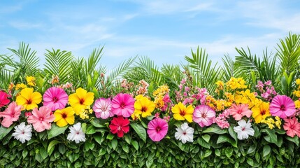 Fototapeta premium A vibrant tropical garden explodes with color! Hibiscus, orchids, and palm leaves create a breathtaking, lush paradise under a bright blue sky. Pure floral bliss!