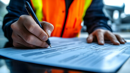 Man in Safety Vest Signing Document in Industrial Environment