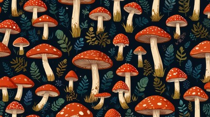 Here's a  and keyword list for your stock photo submission.. Seamless pattern of red toadstools and foliage on dark background.