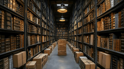 Obraz premium Antique Library Interior with Tall Bookshelves and Wooden Boxes