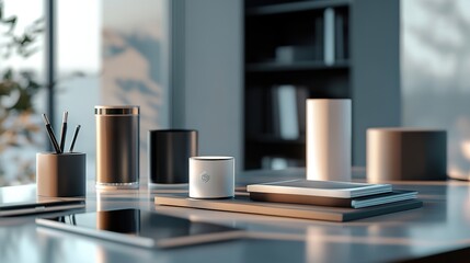 Modern minimalist office workspace with tech and stationery.