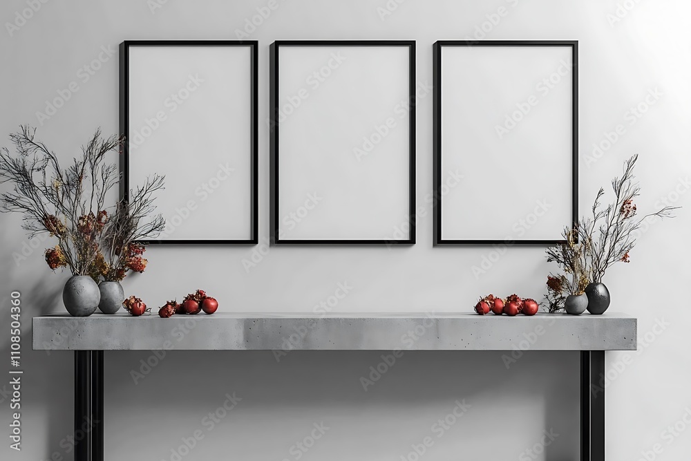 Poster a minimalistic interior scene featuring three empty frames on a wall, with decorative vases and fres