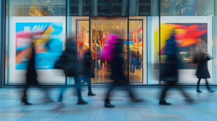 Blurred Figures Walking Past a Storefront with Colorful Posters