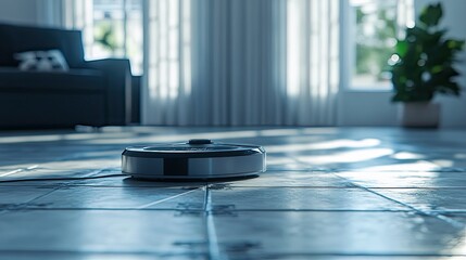 Modern robotic vacuum cleaner navigating a stylish and spacious living room, showcasing a sleek design on a polished floor with natural light streaming through the windows.