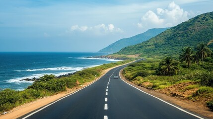 Obraz premium Scenic Coastal Road near the Ocean with Lush Green Hills and Gentle Waves under a Bright Blue Sky on a Sunny Day