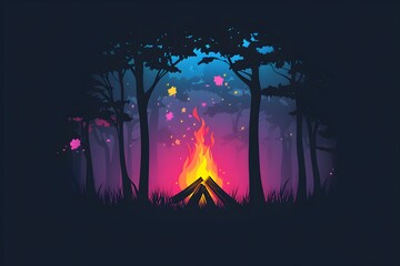 Fototapeta premium Neon forest silhouette with colorful bonfire isolated on black background.