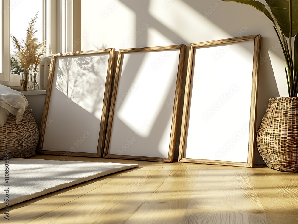 Poster A serene room featuring empty frames leaning against a wall, illuminated by soft sunlight, creating a calm and inviting atmosphere.