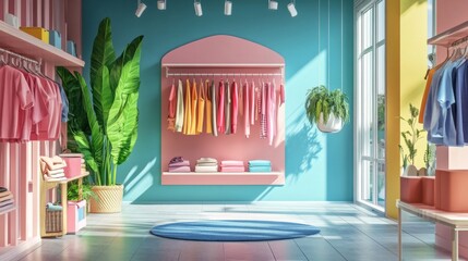 A Modern Retail Store Interior with Colorful Clothing Displays and Tropical Plants