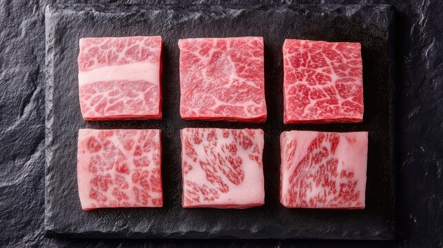 Premium Quality Wagyu Beef Slices on Dark Stone Surface