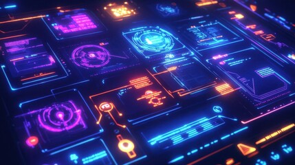 Fototapeta premium Neon UI Displays Futuristic Interface Glows Brightly in Cyberpunk Style