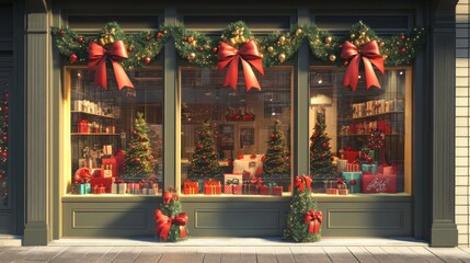 Fototapeta premium Festive Storefront Display with Christmas Trees, Gifts, and Bows