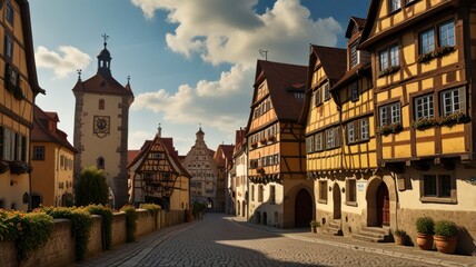 Obraz premium Here's a description and keywords for your stock photo.. Sunlit cobblestone street in a historic German town, featuring half-timbered houses and a medieval tower.