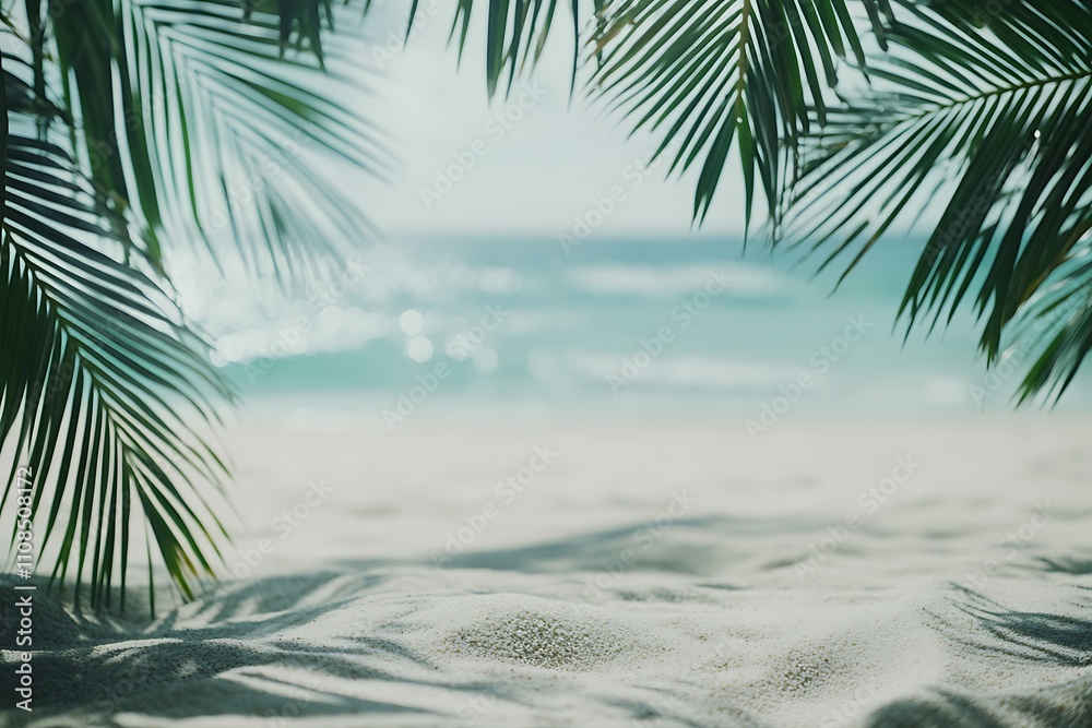 Poster a serene beach view framed by palm leaves, showcasing soft sand and gentle ocean waves under a clear