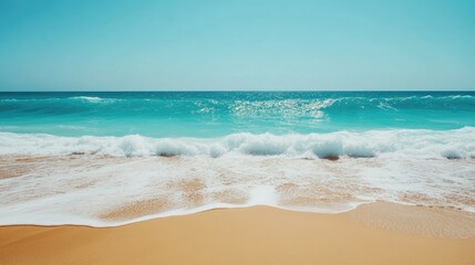 Fototapeta premium Tranquil Ocean View with Gentle Waves Approaching Sandy Shore Under Clear Blue Sky for Peaceful Relaxation and Meditative Environment