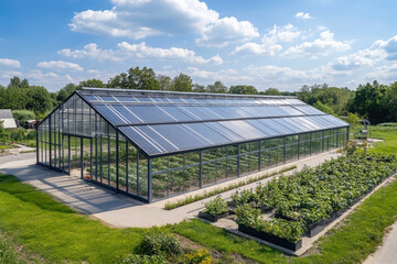 Naklejka premium A modern greenhouse with solar panels, surrounded by lush greenery and garden beds.