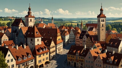 Obraz premium Here's a possible and keyword list for your image.. Panoramic view of a charming medieval town on a sunny day.