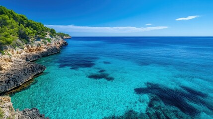 Stunning Coastal Landscape with Crystal Clear Water and Lush Greenery Under a Bright Blue Sky, Perfect for Travel and Nature Photography