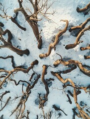 Aerial View of Twisting Tree Branches in a Snowy Landscape, Capturing the Intricate Patterns and Textures of Nature in Winter's Embrace