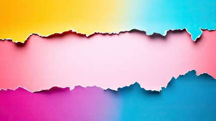 Colorful torn paper background with vibrant gradients in yellow, pink, and blue, creating a visually appealing abstract design for creative projects and modern art displays.