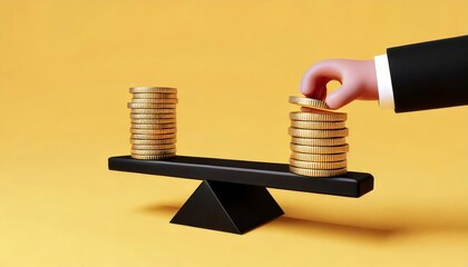 A hand balances two stacks of gold coins on a scale against a bright yellow background, symbolizing investment and financial decision-making.