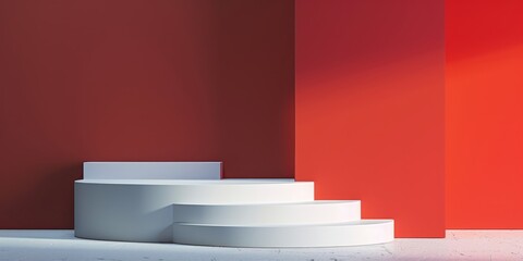 Obraz premium A striking minimalist scene featuring a white staircase set against a vibrant red wall, showcasing modern architectural aesthetics.