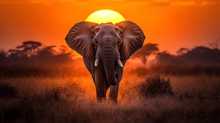 Obraz premium Majestic elephant walking against sunset in african savanna wildlife photography serene landscape nature's beauty