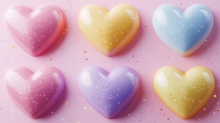 Fototapeta premium Colorful Glossy Hearts with Glitter on a Soft Pink Background
