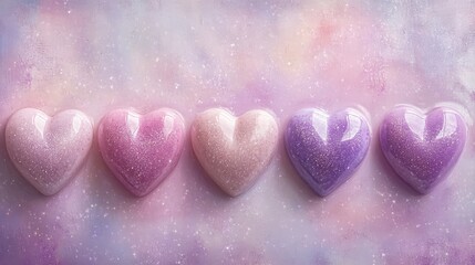 Fototapeta premium Colorful Glitter Hearts on Soft Purple Background in Pastel Tones