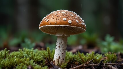 Here's a  and keyword list for your stock photo..  A single orange mushroom with white spots sits in a bed of moss.