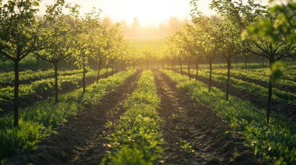 Rows of Young Trees in a Sunlit Orchard