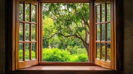 Scenic View Through Wooden Window Frame Showcasing Lush Green Trees and Vibrant Foliage in a Serene Natural Environment with Natural Light Streaming In