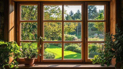 Fototapeta premium Beautiful Green Garden View Through Wooden Window Frame Surrounded by Lush Plants and Sunlight in a Tranquil Scenic Environment