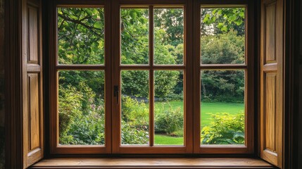 Fototapeta premium Scenic View of Lush Garden through Wooden Window Framed by Nature's Beauty, Inviting Calm and Serenity into Interior Space