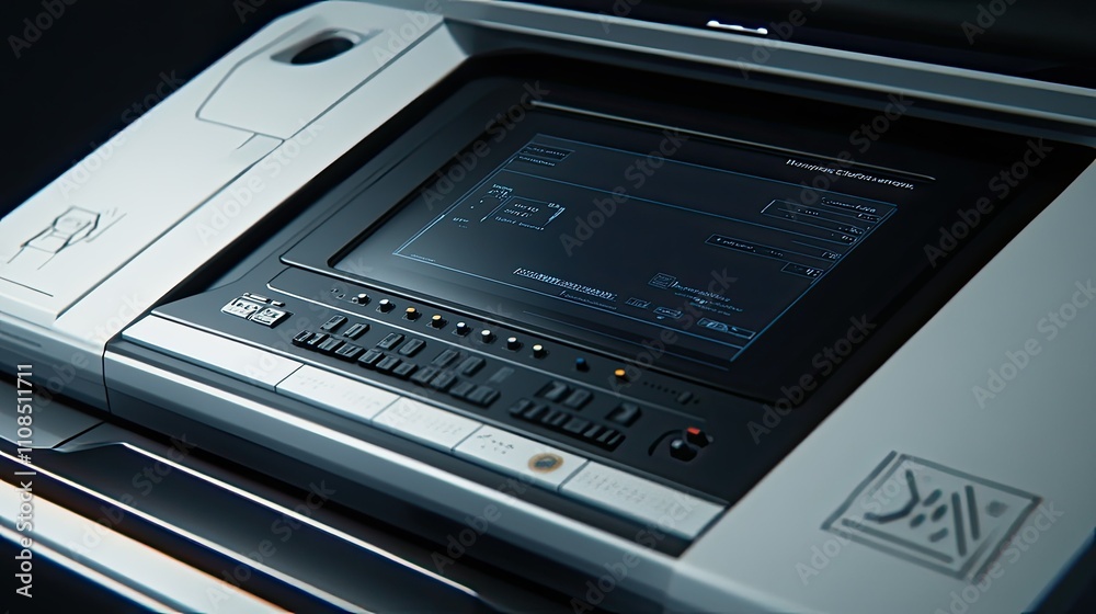 Poster futuristic control panel with touchscreen interface and sleek design, showcasing advanced technology